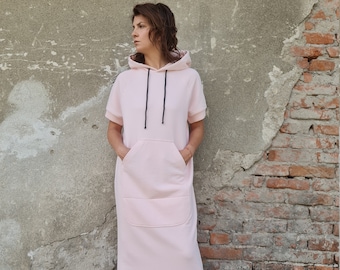 Short Sleeve Sweatshirt Dress, Hooded Sweatshirt Dress, Long Cotton Sweatshirt Dress, Pink Cotton Sweatshirt Dress, Summer Sweatshirt Dress