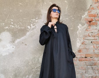 Black Linen Tunic Dress, Pure Linen Tunic, Oversized Linen Tunic Dress, Oversized Linen Dress, Black Linen Dress, Long Sleeves Linen Dress