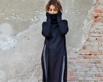 Robe-pull fendue, Robe-pull longue, Pull en tricot long avec fentes, Robe-pull en tricot, Robe-pull noire, Pull en tricot noir, Pull noir