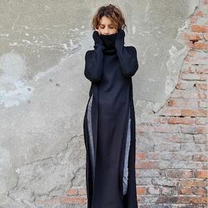 Slit Sweater Dress, Long Sweater Dress, Long Slits Knit Sweater, Knit Sweater Dress, Black Sweater Dress, Black Knit Sweater, Black Sweater