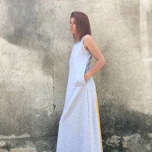 Long Cotton Dress, Abaya Cotton Dress, Maxi Length With Side Pockets, Artsy Cotton Piece, Sleeveless Dress, Gray A-line Dress, Casual Dress