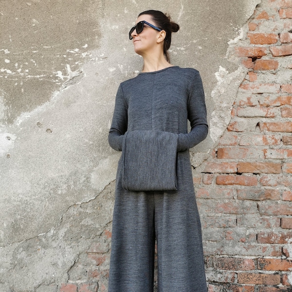 Winter Jumpsuit, Long Sleeves Romper With Removable Neck, Knit Women Jumpsuit, Wide Leg Jumpsuit, Women Winter Romper, Dark Grey Romper