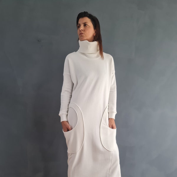 White Sweatshirt Dress, Turtleneck Sweater Dress, White Long Dress, White Maxi Sweatshirt, Plus Size Sweatshirt Dress, Loose Sweatshirt