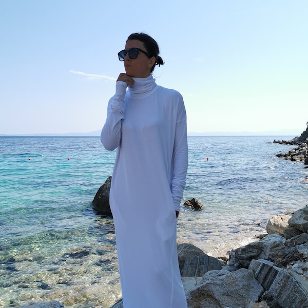 White Turtleneck Dress, White Maxi Dress, Womens Maxi Dress, Blouse White Dress, Long White Dress, Plus Size Dress, Maxi Dress, White