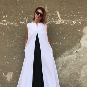 White Linen Dress, Plus Size Linen Dress, Linen Maxi Dress, White Kaftan, Avant Garde Linen, White Dress, Casual Dress,Black And White Dress image 1