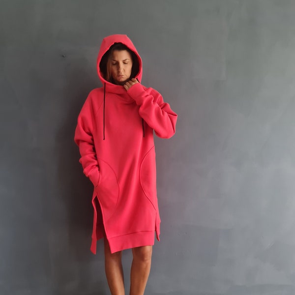 Baumwoll-Hoodie-Kleid, Pullover-Kleid, Sweatshirt-Kleid, Baumwoll-Sweatshirt-Kleid, langes Sweatshirt, Kapuzen-Sweatshirt, über dem Knie Pullover,