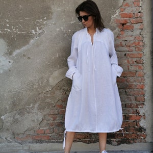 White Balloon Dress, Pure Linen Dress, White Linen Dress, Loose Linen Dress, White Tunic Dress, Tunic Linen Dress, Plus Size Linen Dress,