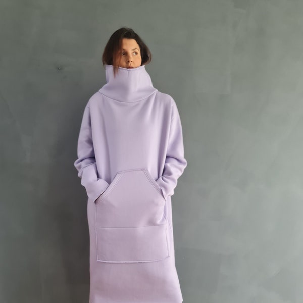 Robe-pull à col montant, Robe-pull en coton, Robe-pull maxi, Pull surdimensionné, Robe-pull, Robe-pull, Robe-pull lilas,