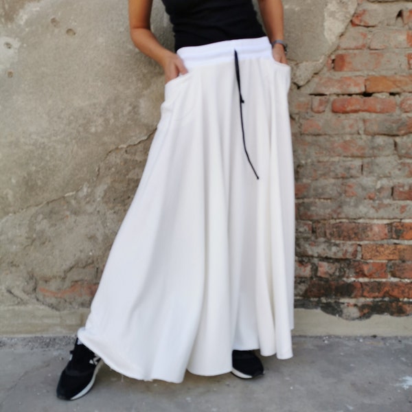 Cotton Flare Skirt, Long Cotton Skirt, White Flare Skirt, Long Skater Skirt, Long Maxi Skirt, White Maxi Skirt, Elastic Waist Skirt, White