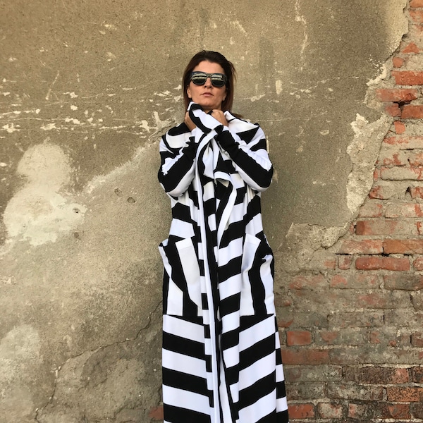 Plus Size Cardigan, Long Sweater Coat, Black And White Coat, Women Fall Cardigan, Avant Garde Clothing, Women Maxi Cardigan, Women Cardigan