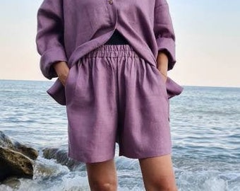 Women Linen Shorts, Pure Linen Shorts, Knee Linen Shorts, Loose Linen Shorts, Lavender Linen Shorts, Elastic Band Linen Shorts, Linen Shorts