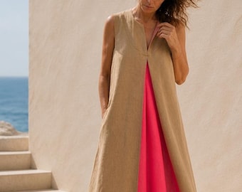 Minimalist Linen Maxi Dress, Luxury Sustainable Summer Dress with Pockets, Elegant Contrast Panel Gown, Women Resort Wear, Slow Fashion Gift
