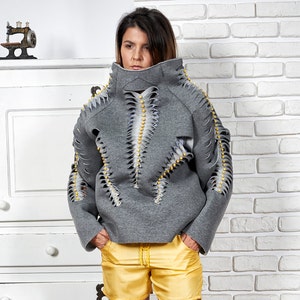 Womens Sweater Top, Avat Garde Clothing, Oversized Sweater, Loose Sweater, Futuristic Clothing, Cut Outs Top, Gray Sweater, Boho Sweater