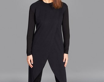 Black Asymmetric Cotton Tunic: Maxi Long Sleeve Top
