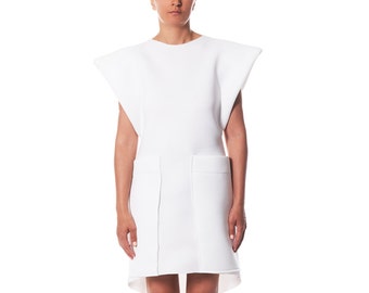 White Midi Dress, Avant Garde Dress, White Party Dress, White Short Sleeve Dress, White Loose Fit Dress, White Dress, Minimalist Clothing
