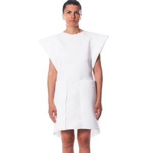 White Midi Dress, Avant Garde Dress, White Party Dress, White Short Sleeve Dress, White Loose Fit Dress, White Dress, Minimalist Clothing