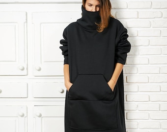 Abito felpato in cotone nero taglie forti: abito con tasche dalla vestibilità comoda