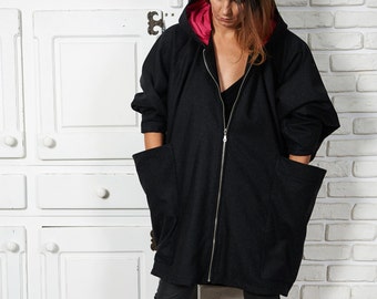 Wool Winter Coat, Winter Cape, Black Wool Coat, Plus Size Winter Coat, Oversized Coat, Poncho Coat, Hooded Cape, Black Wool Cape, Boho Coat