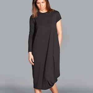Black Midi Dress, Minimalist Dress, Plus Size Dress, Extravagant Dress, Trendy Dress, Short Sleeved Dress, Loose Dress, Gothic Dress image 1