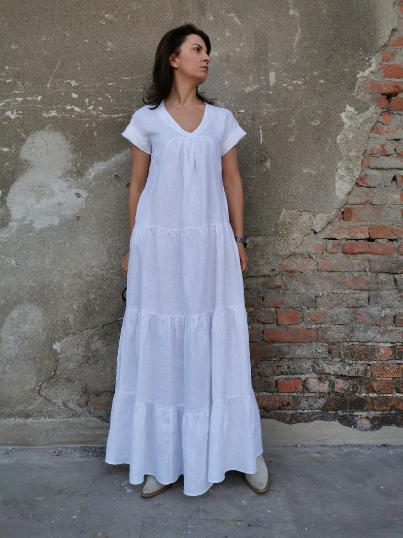 Long White Linen Dress Pure Linen Dress Short Sleeves Linen - Etsy