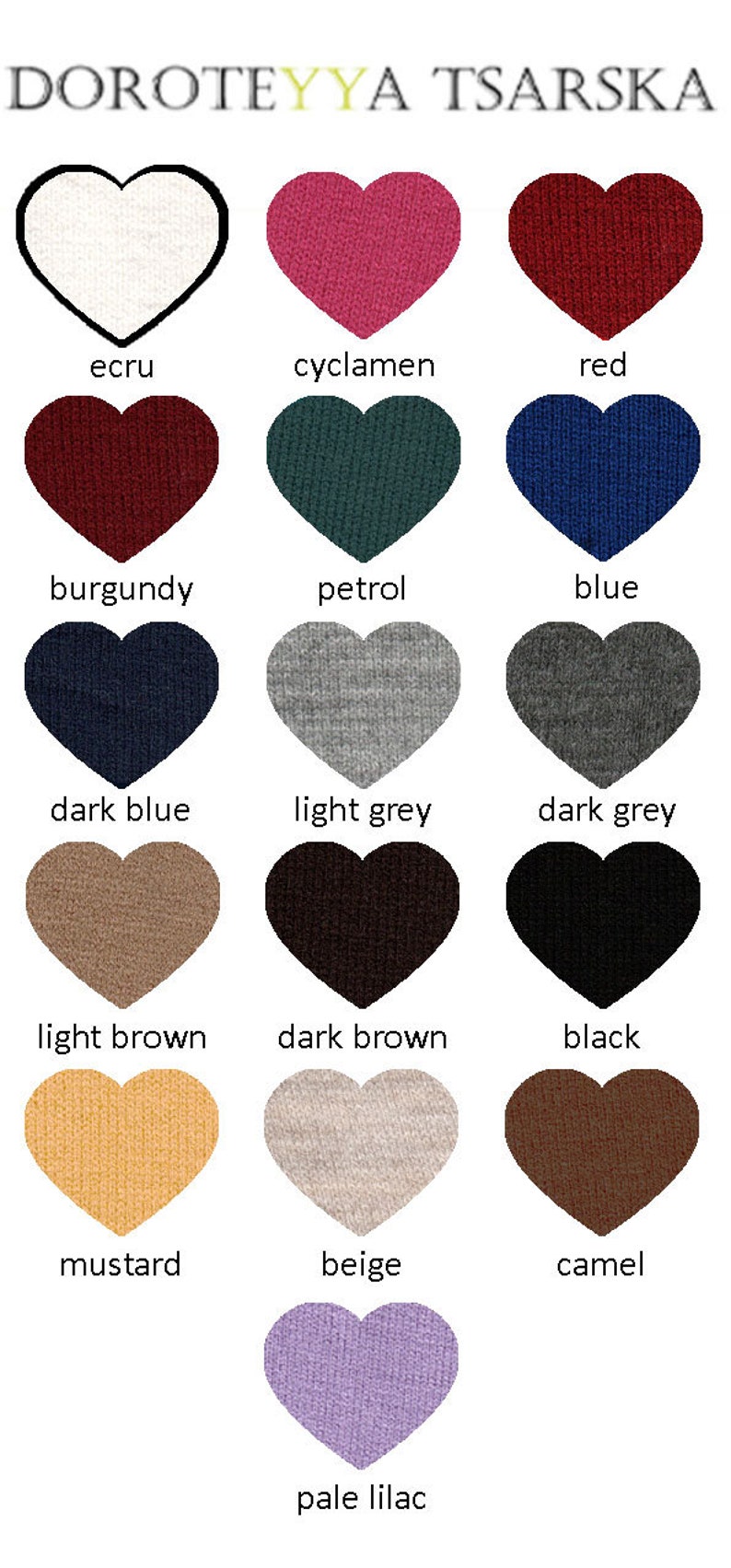 May include: A chart of 14 heart-shaped swatches showing different colors, including ecru, cyclamen, red, burgundy, petrol, blue, dark blue, light grey, dark grey, light brown, dark brown, black, mustard, beige, camel, and pale lilac.