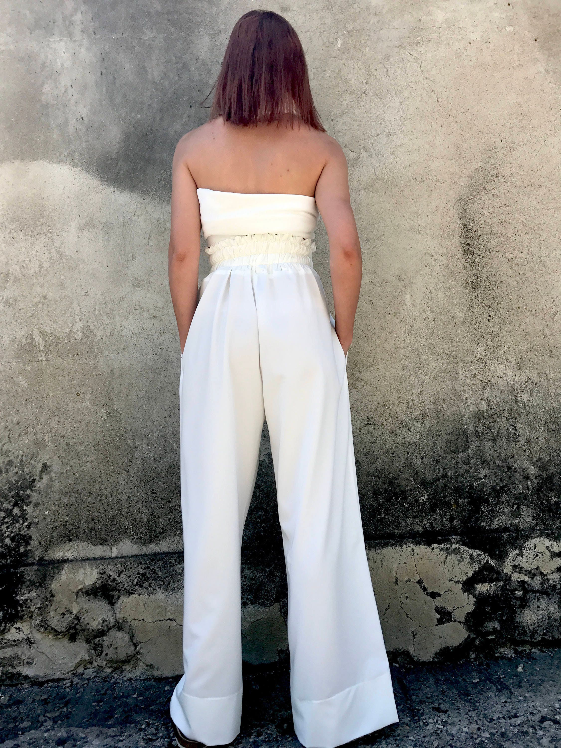White Solid Wide Leg Ankle Length High Rise Palazzo