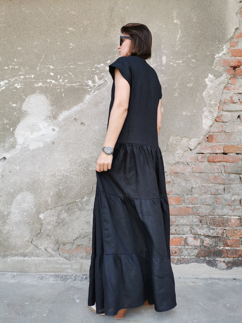 Black Long Linen Dress Layered Linen Dress Black Linen | Etsy