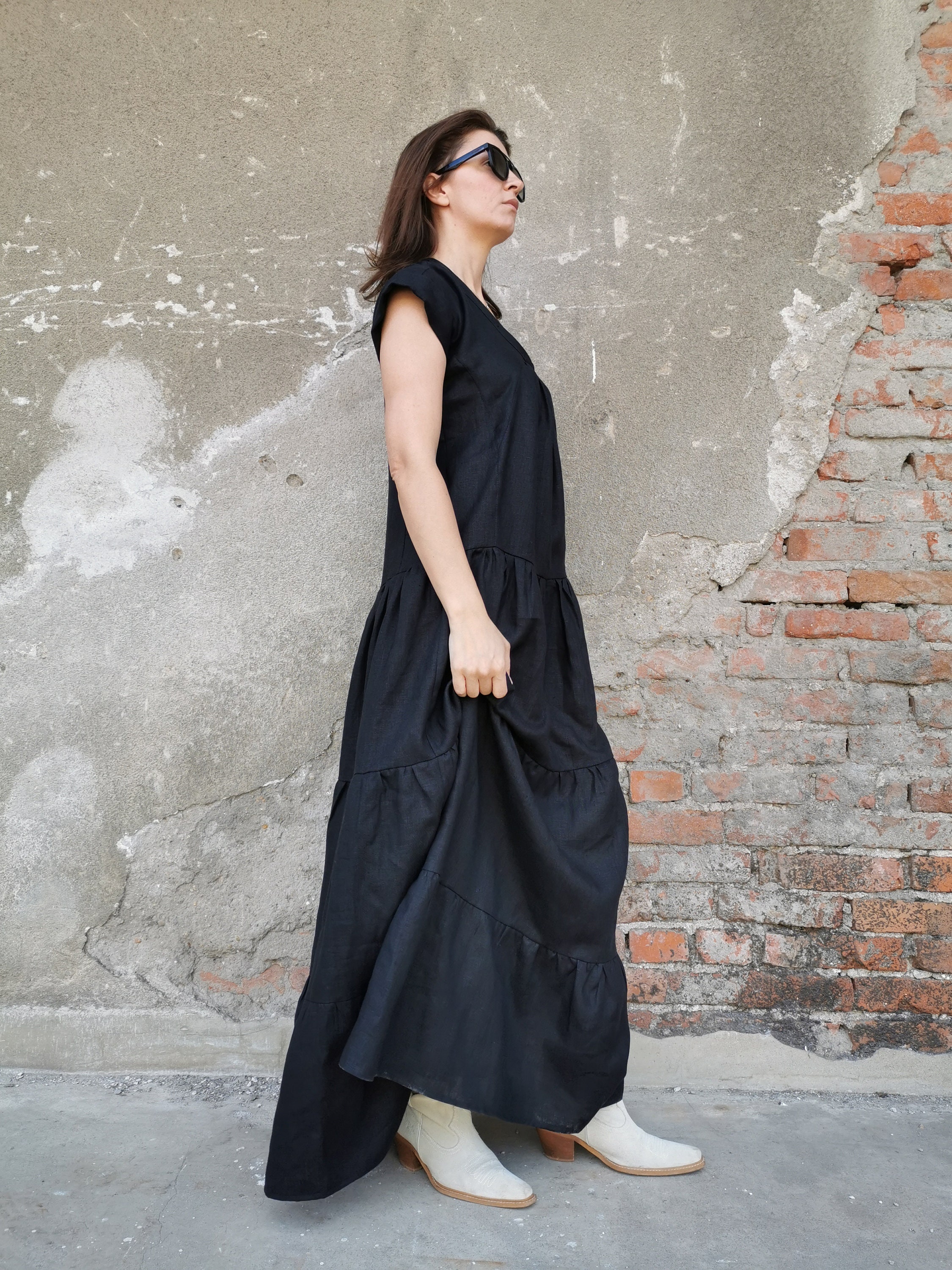 Black Linen Maxi Dress, Short Sleeve Tiered Dress - Etsy Black Linen Maxi Dress, Short Sleeve Tiered Dress - Etsy