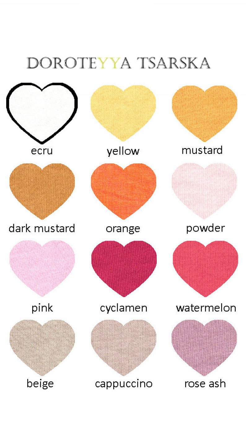 May include: A color chart with 12 heart-shaped fabric swatches. The swatches are labeled with the following colors: ecru, yellow, mustard, dark mustard, orange, powder, pink, cyclamen, watermelon, beige, cappuccino, and rose ash.