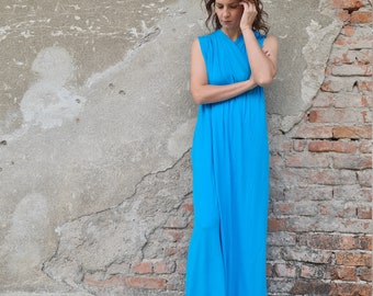 Turquoise Summer Jumpsuit, Loose Fit Jumpsuit, Wide Leg Jumpsuit, Sleeveless Turquoise Jumpsuit, Criss Cross Jumpsuit, Long Jumpsuit Dress