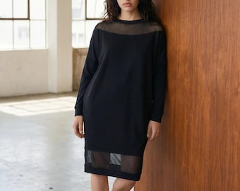 Baumwoll-Midikleid mit Chiffondetails, Seitentaschen, lange Ärmel, lockere Passform, lässiges elegantes schwarzes Kleid, vielseitiges Damen-Pulloverkleid
