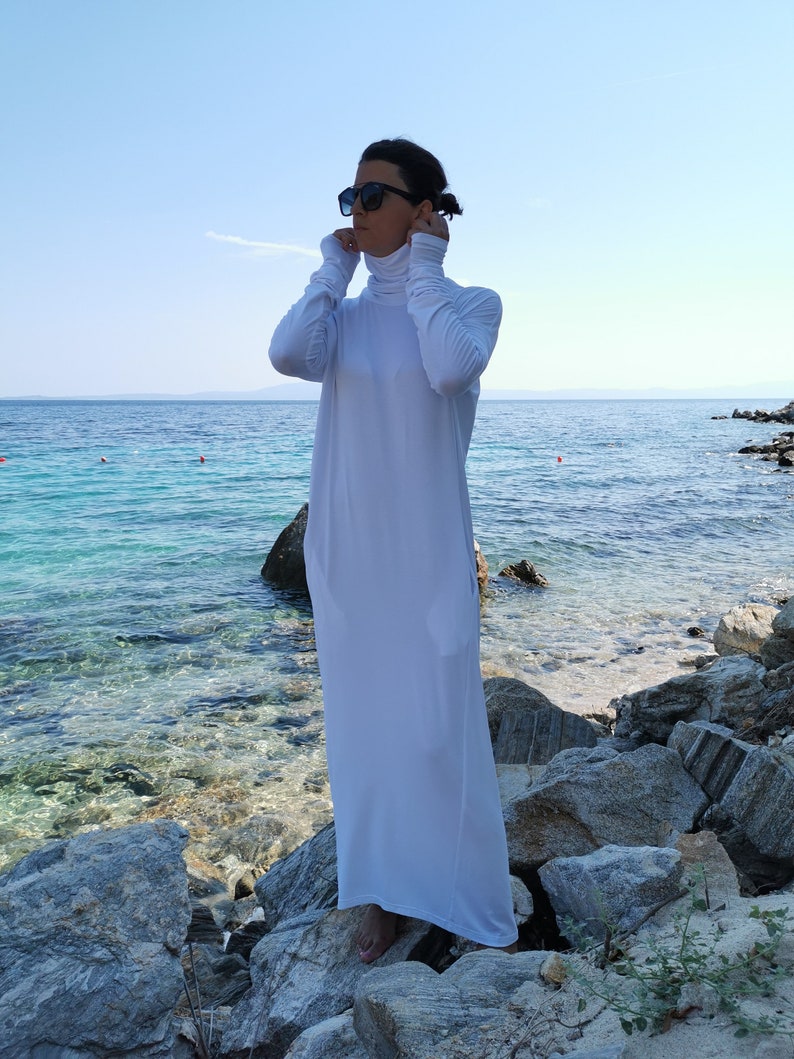 White Turtleneck Dress, White Maxi Dress, Womens Maxi Dress, Blouse White Dress, Long White Dress, Plus Size Dress, Maxi Dress, White image 3