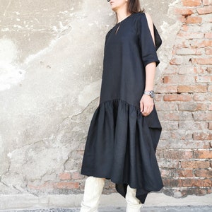 Black Asymmetric Linen Dress, Pure Linen Dress, Black Linen Dress, Linen Dress, Black Loose Linen Dress, Formal Linen Dress, Black Dress image 7
