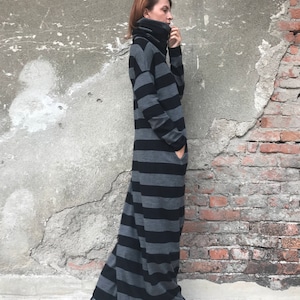 Winter Maxi Dress, Sweater Dress, Plus Size Clothing, Women Kaftan Dress, Turtleneck Dress, Maxi Dress, Striped Dress,Gray Dress,Loose Dress image 4