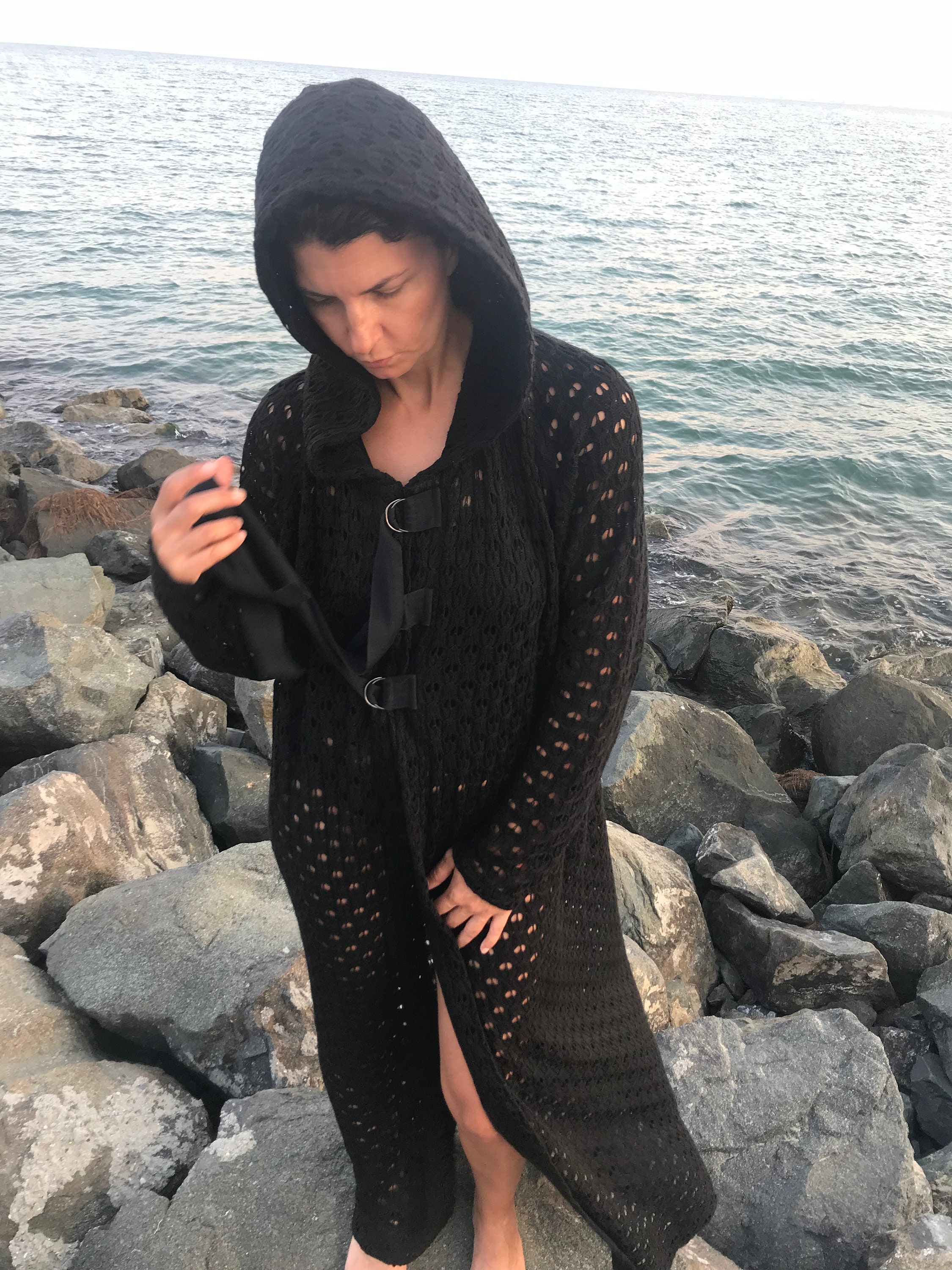 Long Hooded Cardigan Black Knit 