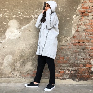 Neoprene Hooded Sweatshirt, Sporty Hooded Sweatshirt, Grey Hooded Jacket, Long Hooded Jacket, Oversized Hooded Jacket, Neoprene Sweatshirt image 2