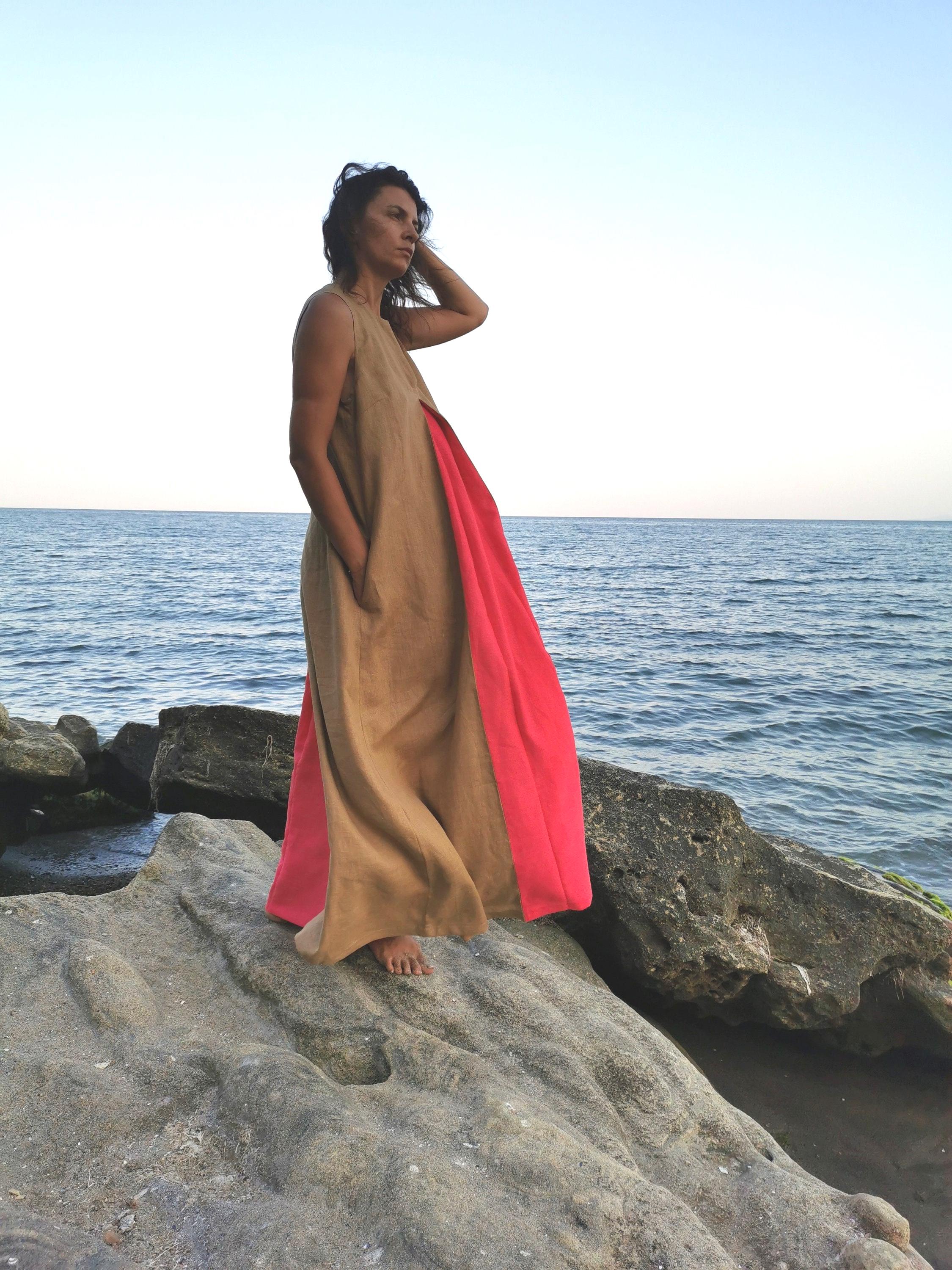 Pure Linen Dress, Maxi Long Dress With Pockets, A-Line Shape, Elegant Linen Dress, Excellent Quality And Perfect Fit, Summer Outfit