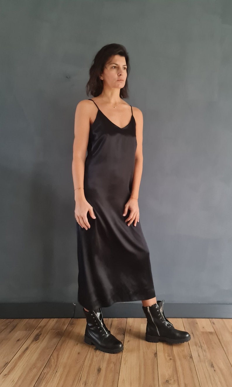 Silk Slip Dress, Black Silk Dress, Cocktail Silk Dress, Black Strappy Dress, Midi Slip Dress, Dress, Women Silk Dress, Silk Strappy Dress image 4