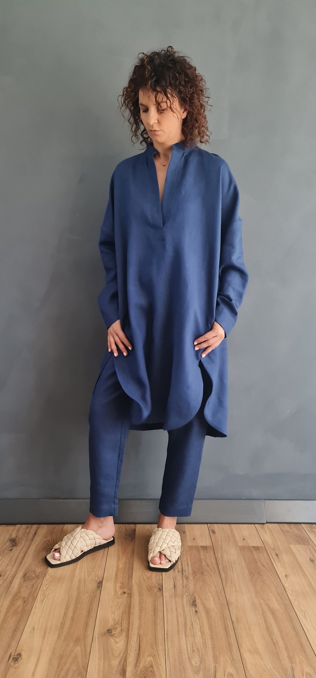 Linen Blue Denim Shirt, Demin Midi Shirt, Denim Linen Shirt, Loose