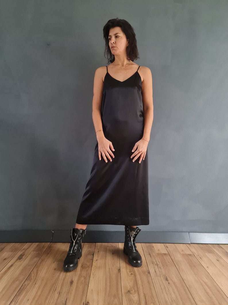 Silk Slip Dress, Black Silk Dress, Cocktail Silk Dress, Black Strappy Dress, Midi Slip Dress, Dress, Women Silk Dress, Silk Strappy Dress image 7