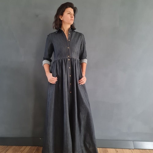 Long Denim Dress, Long Shirt Dress, Women Shirt Dress, Maxi Women Dress,  Long Sleeves Shirt Dress, Peasant Dress, Floor Length Dress, Dress - Etsy