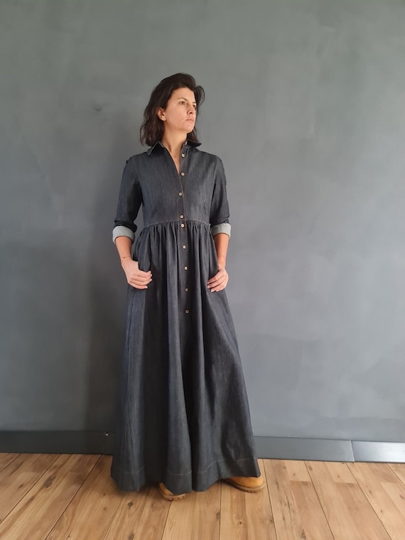 Women's Denim Dress Summer Dress Midi Jeans Dress Blue Long Sleeve Denim  Dress | eBay