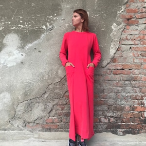 Long Watermelon Maxi Dress, Boho Kaftan Style with Cozy Sweater Feel, Long Side Pockets, Soft and Chic Cotton Fabric,