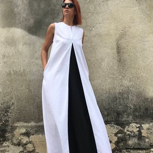 White Linen Dress, Plus Size Linen Dress, Linen Maxi Dress, White Kaftan, Avant Garde Linen, White Dress, Casual Dress,Black And White Dress image 2
