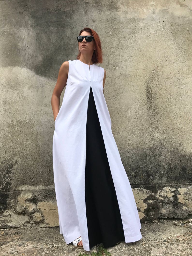 White Linen Dress, Plus Size Linen Dress, Linen Maxi Dress, White Kaftan, Avant Garde Linen, White Dress, Casual Dress,Black And White Dress image 2