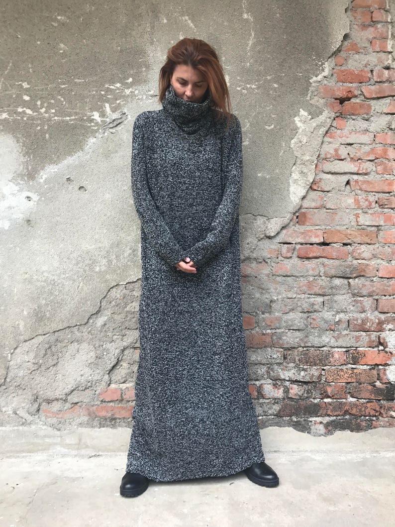 Knitted Dress, Plus Size Dress, Oversized Dress, Winter Maxi Dress, Maxi Kaftan Dress, Turtleneck Dress, Gray Dress, Women Dress, Warm Dress image 2