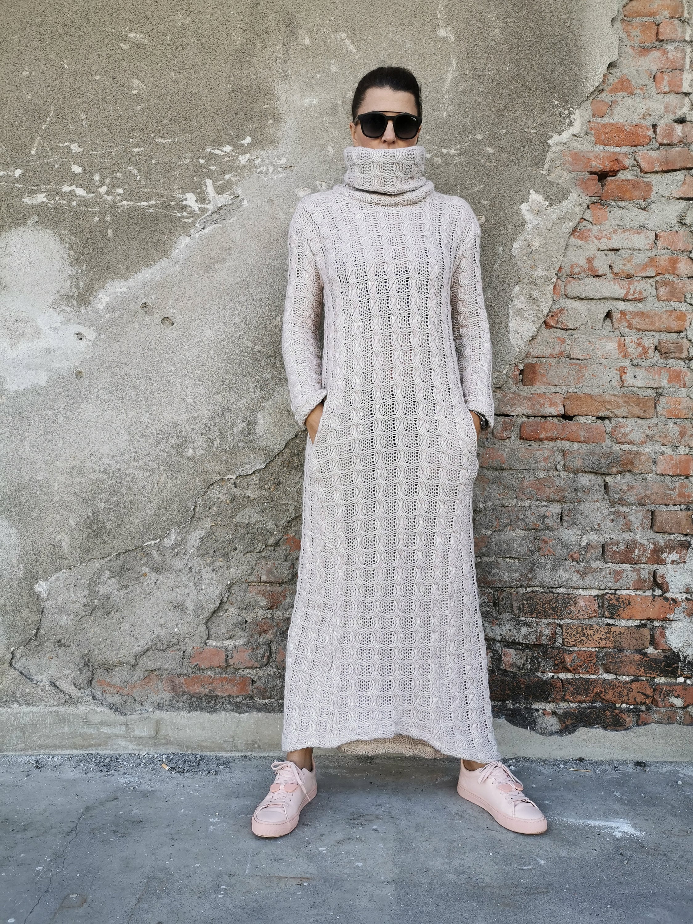 Long Sleeve Dress for Women Cable Knit Sweater High Neck