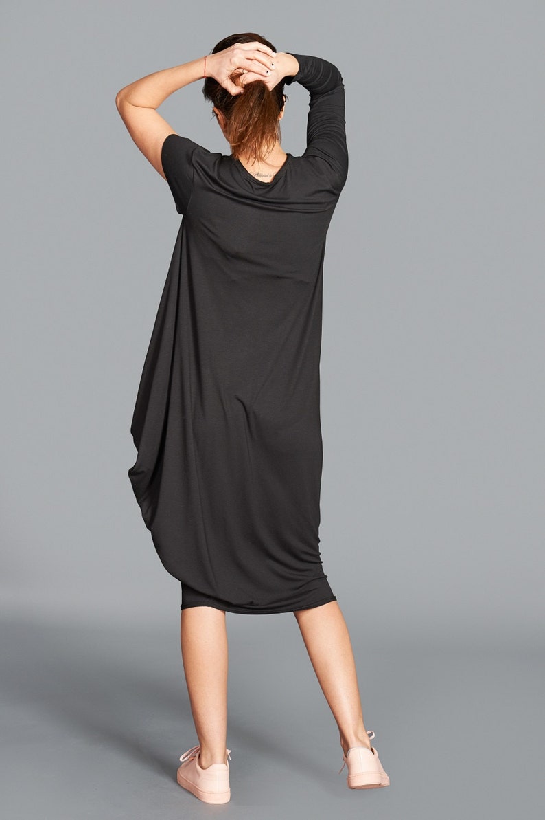 Black Midi Dress, Minimalist Dress, Plus Size Dress, Extravagant Dress, Trendy Dress, Short Sleeved Dress, Loose Dress, Gothic Dress image 4