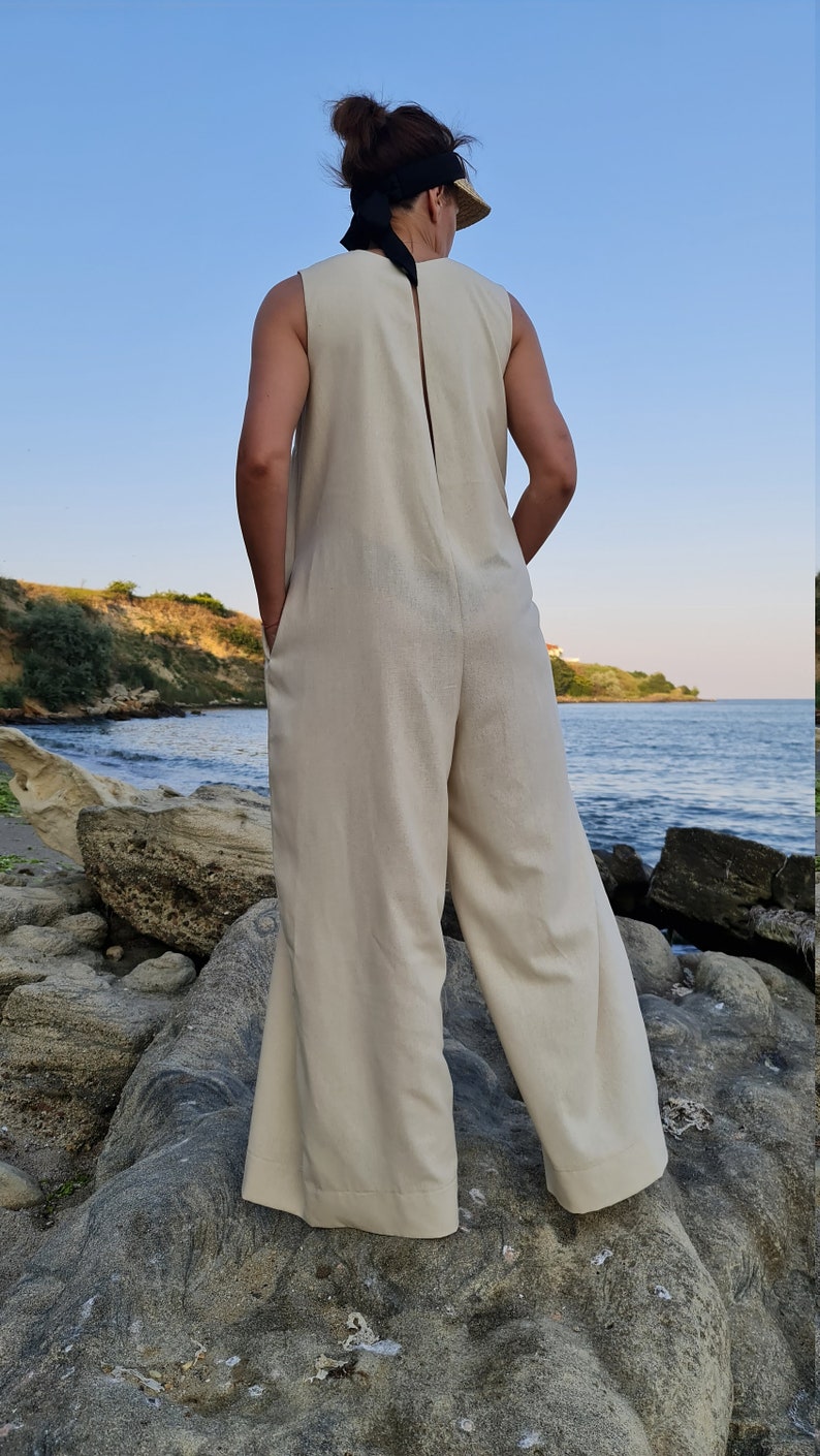 Beige Linen Jumpsuit, Summer Beige Linen Jumpsuit, Linen Japanese Jumpsuit, Women Linen Jumpsuit, Wide Leg Jumpsuit, Beige Jumpsuit image 5