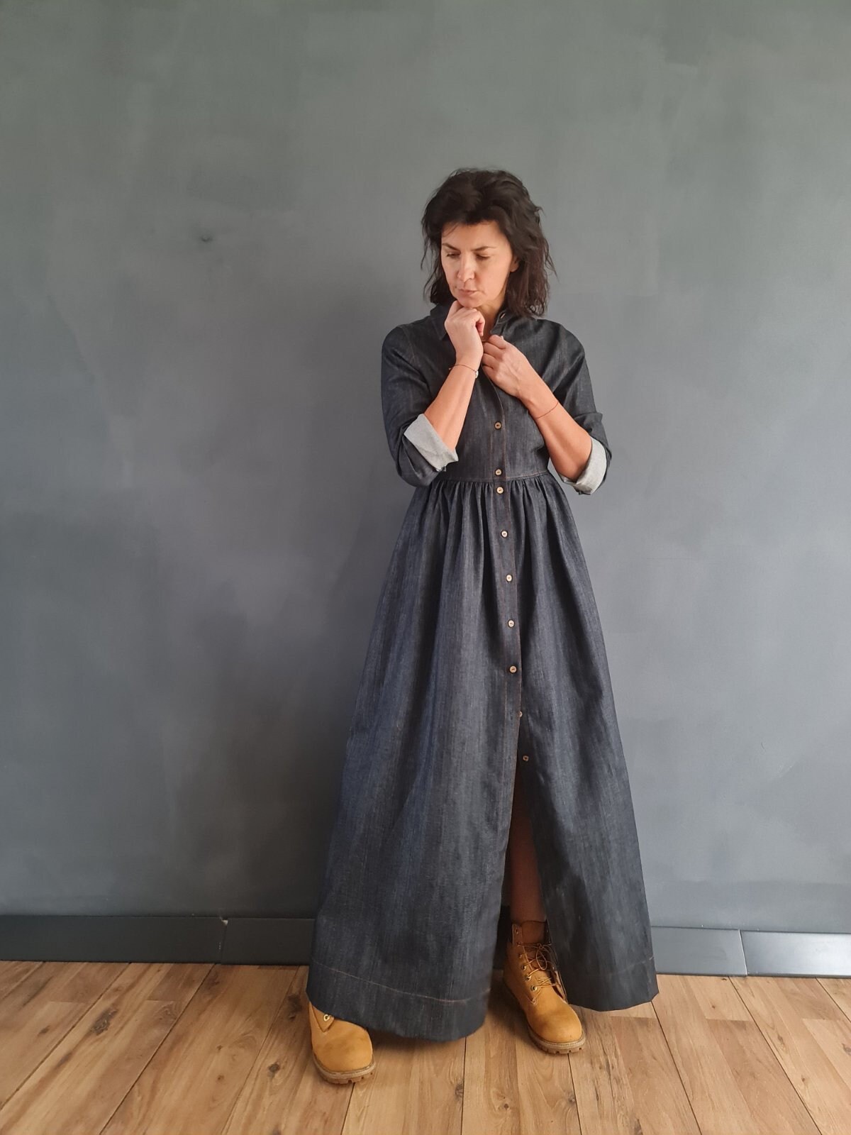 chinese dress ladies Relaxed Western Denim Midi Shirt Dress with Button Front for Women